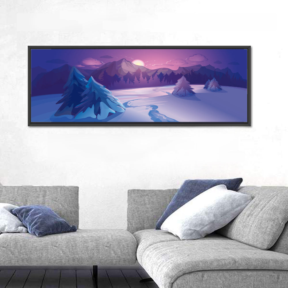 Lavender Winter Mountain Illustration Wall Art in a room, panoramic