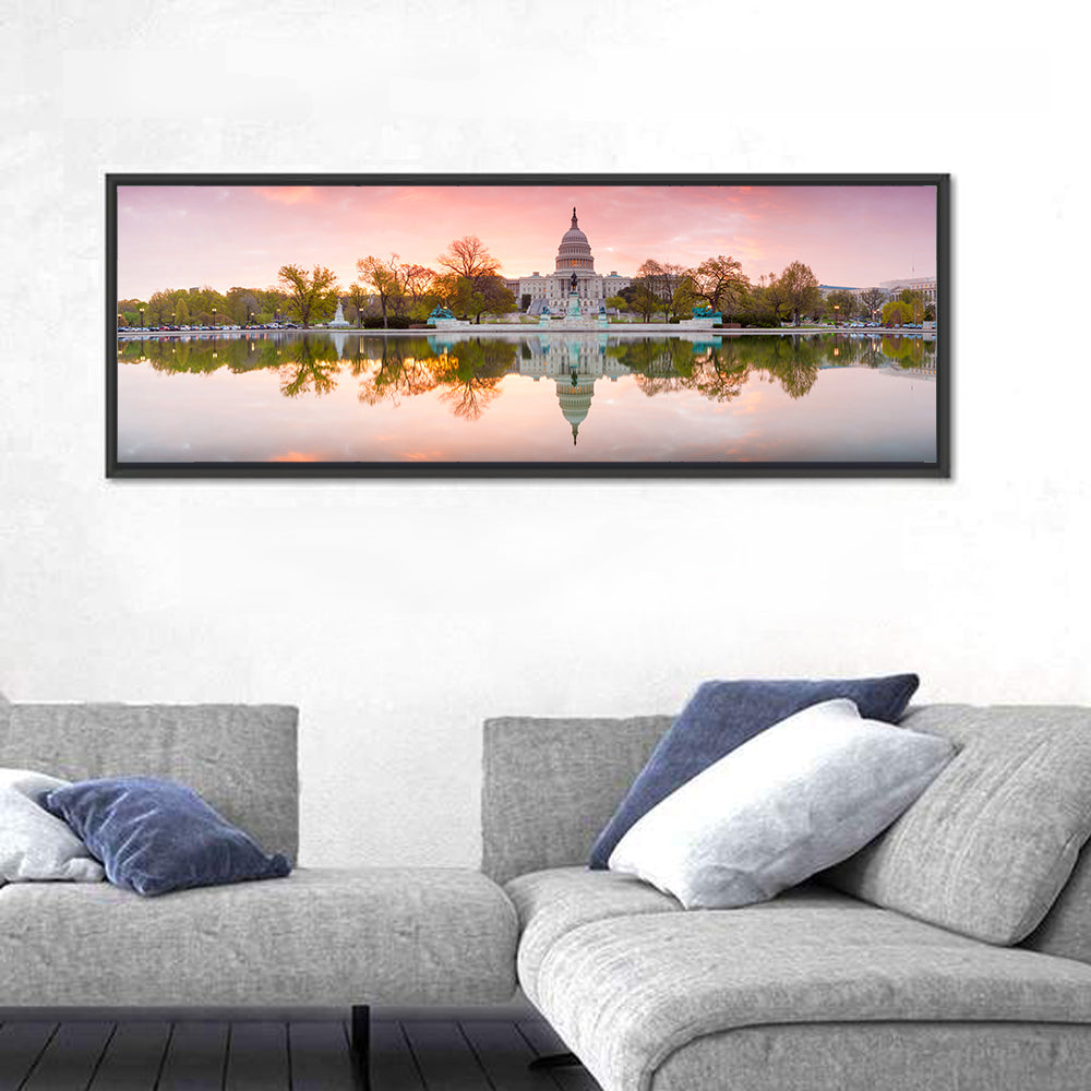 United States Capitol Sunrise Reflection Wall Art in a room, panoramic