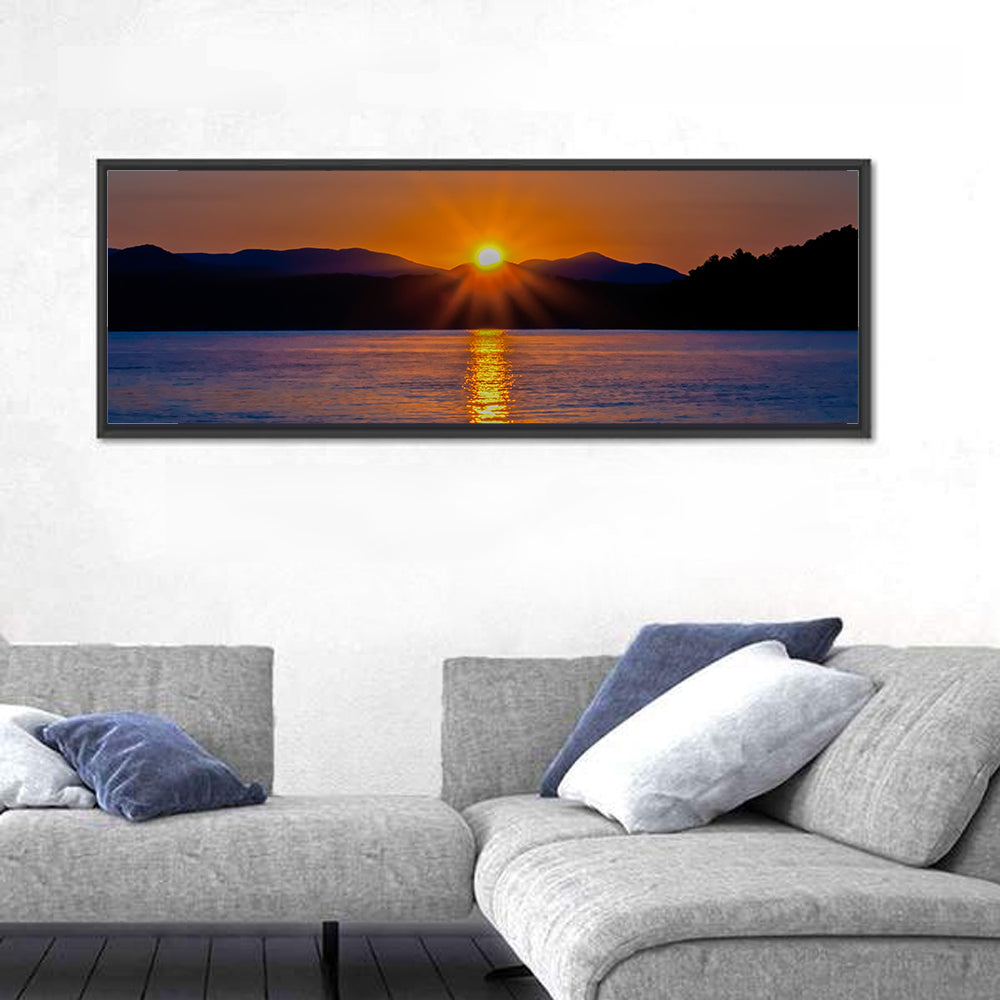 Lake Jocassee Golden Sunrise Wall Art in a room, panoramic