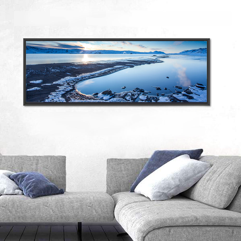 Lake Kleifarvatn Icy Shoreline Wall Art in a room, panoramic