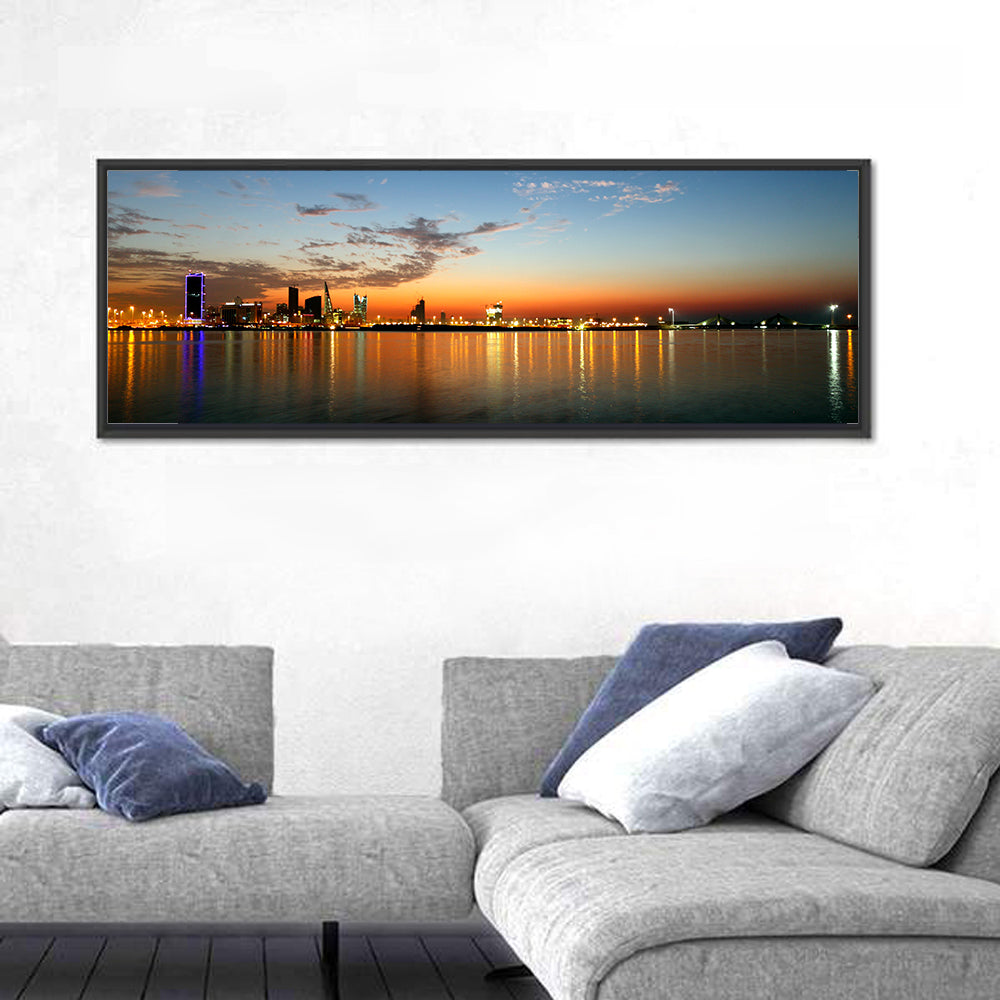 Manama Golden Hour Skyline Wall Art in a room, panoramic