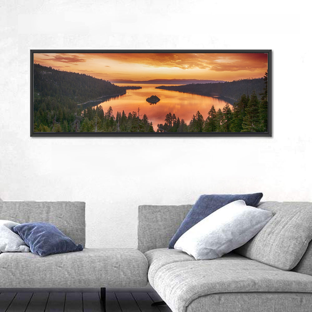 Emerald Bay Sunrise, Lake Tahoe Wall Art in a room, panoramic