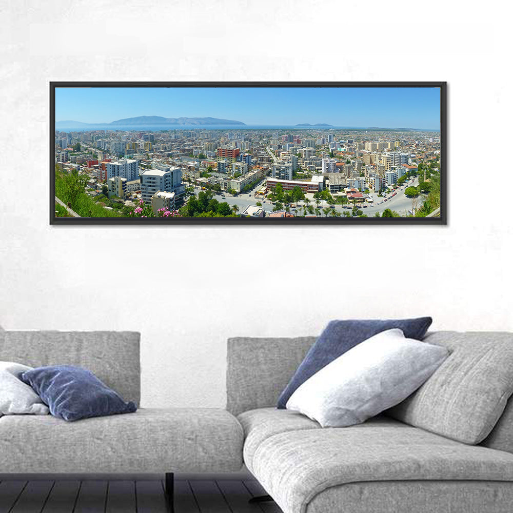 Vlore Coastal Cityscape Wall Art in a room, panoramic