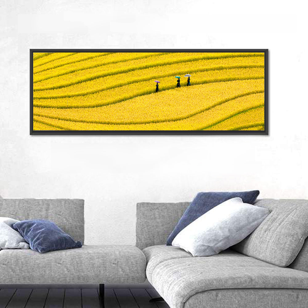 Golden Rice Terraces with Umbrellas Wall Art in a room, panoramic