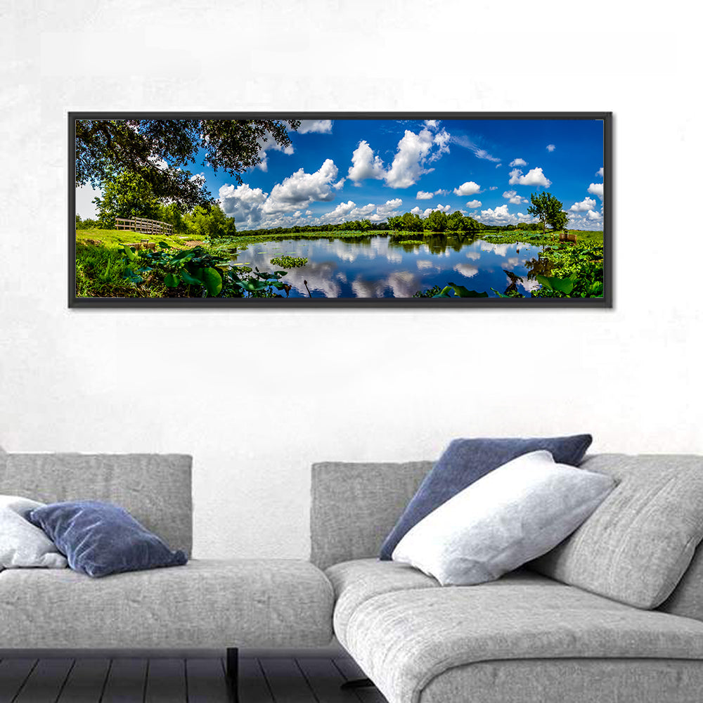 Brazos Bend Lake Reflection Wall Art in a room, panoramic