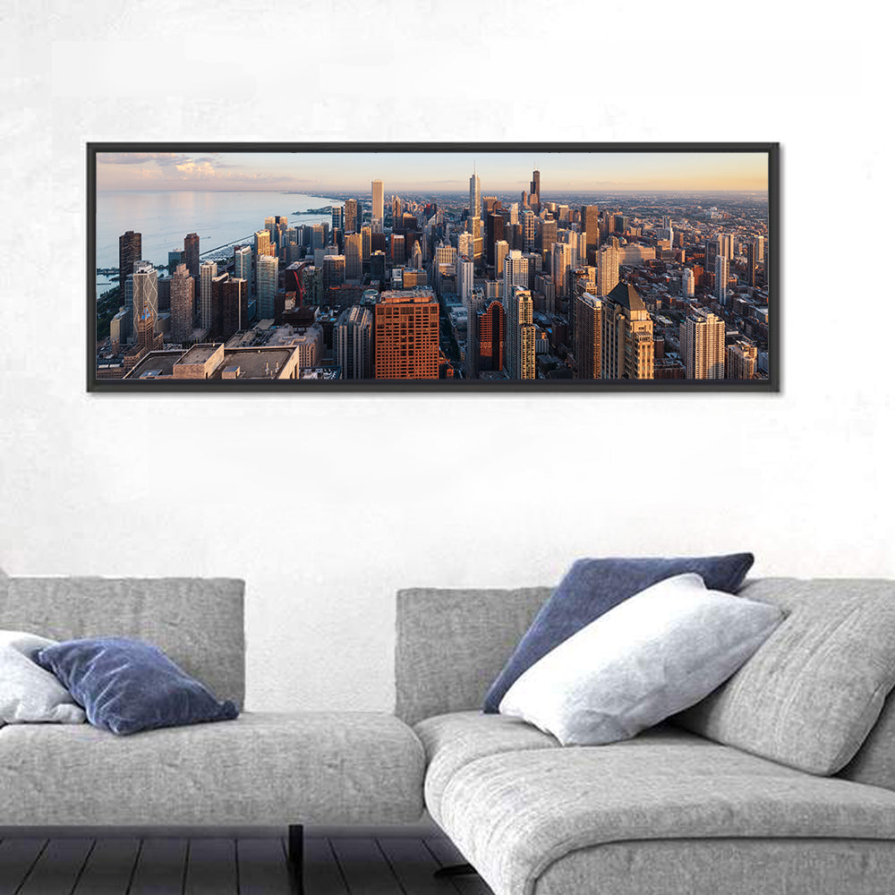 Chicago Skyline at Golden Hour Wall Art in a room, panoramic