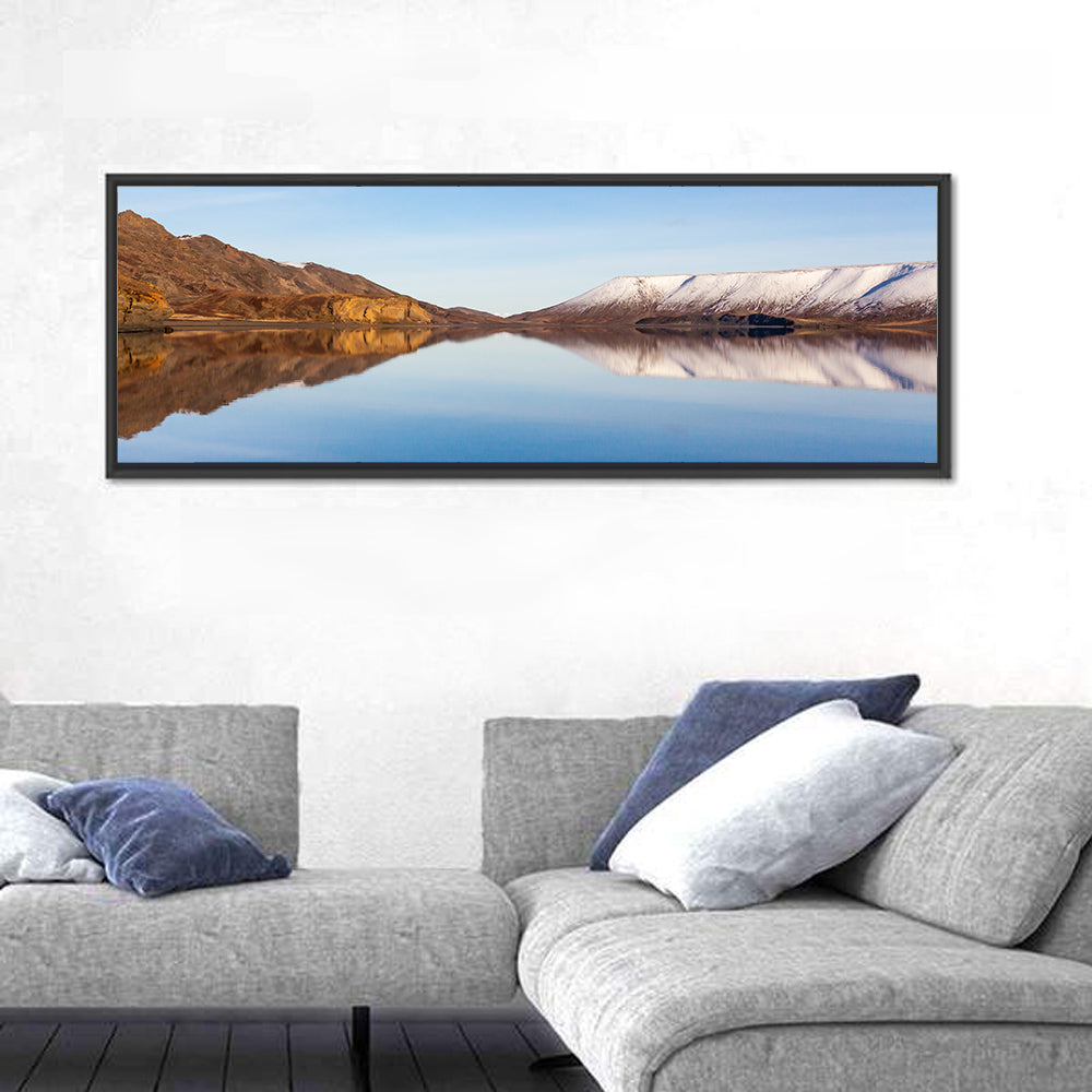 Lake Kleifarvatn Reflection Wall Art in a room, panoramic