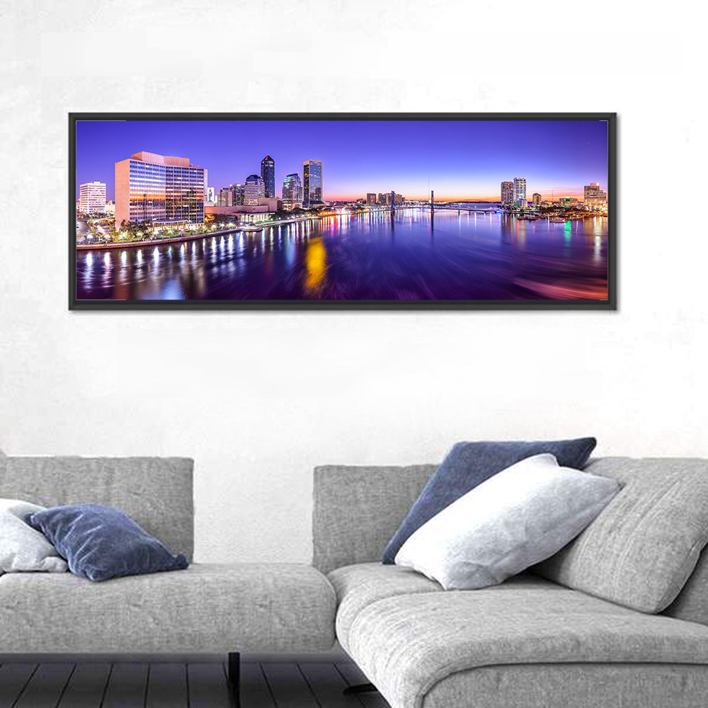 Jacksonville Twilight Skyline Wall Art in a room, panoramic
