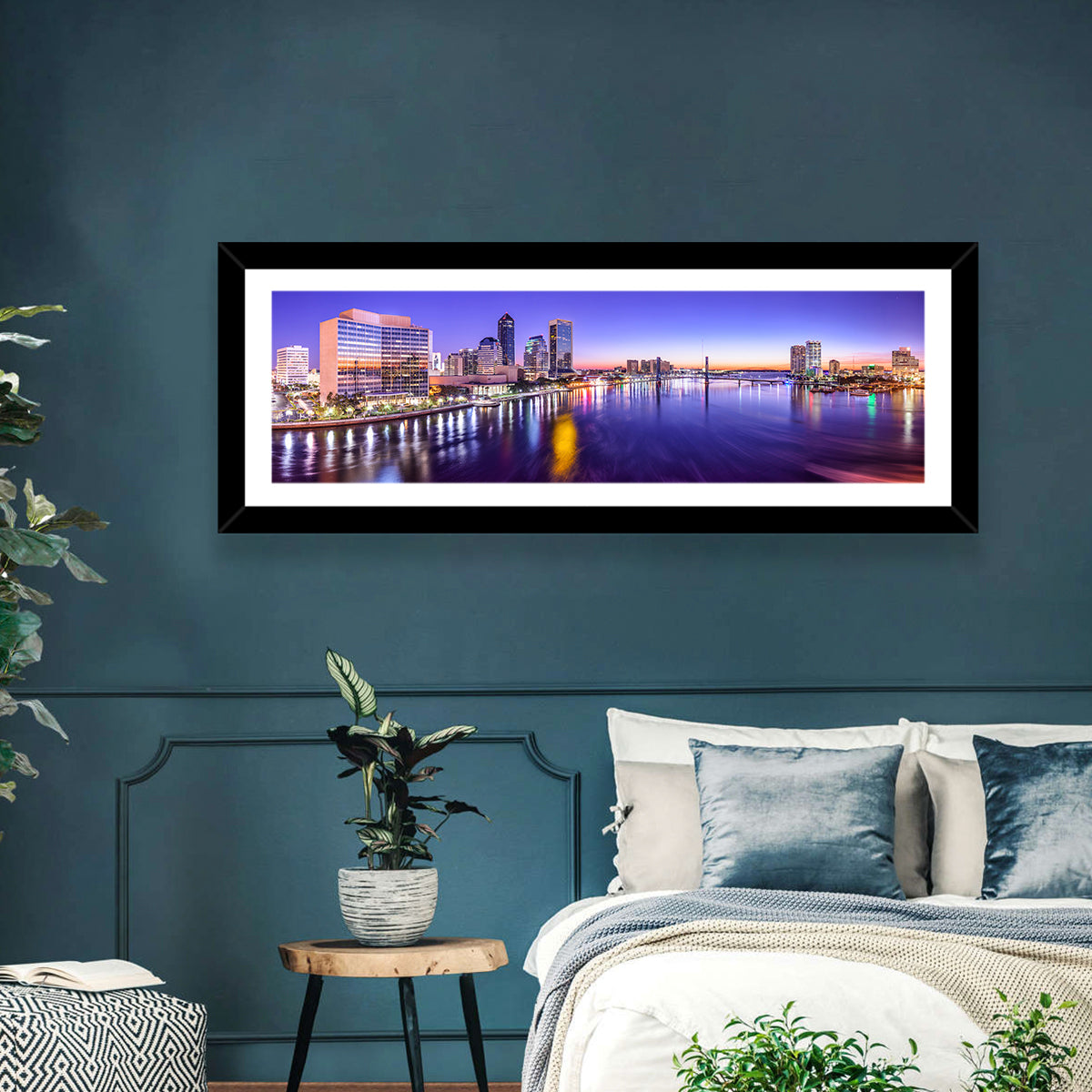 Jacksonville Twilight Skyline Wall Art in a room, panoramic