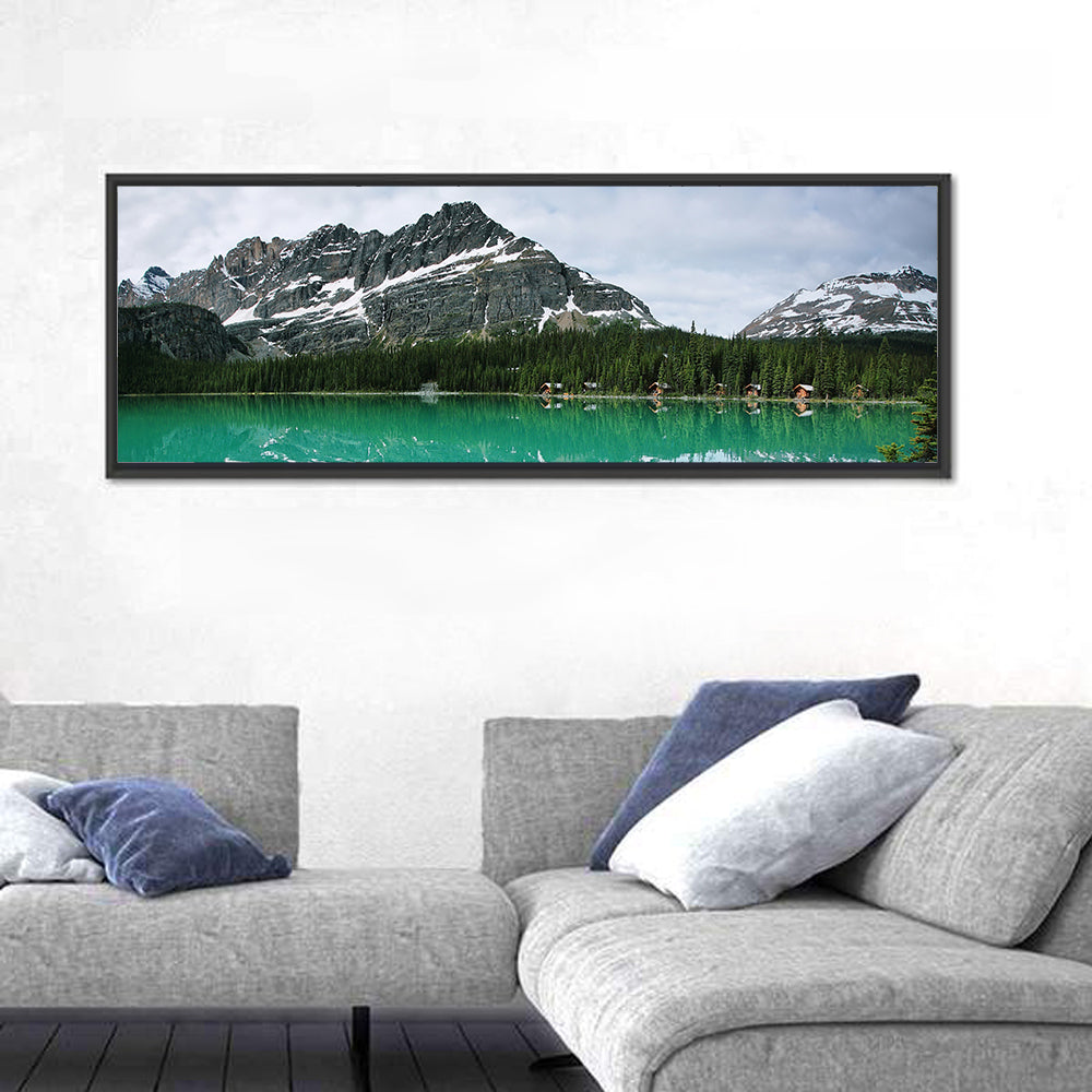Lake Ohara Turquoise Reflection Wall Art in a room, panoramic