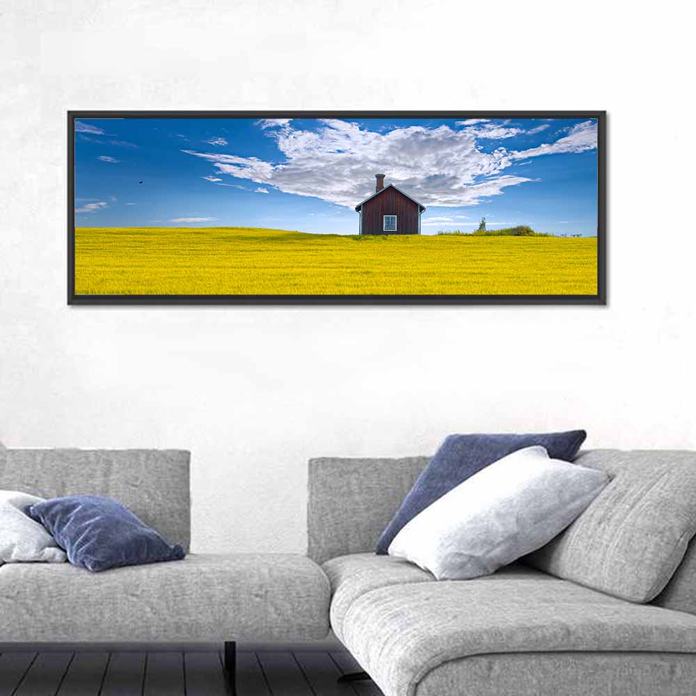Red Barn in Golden Wheat Field Wall Art in a room, panoramic