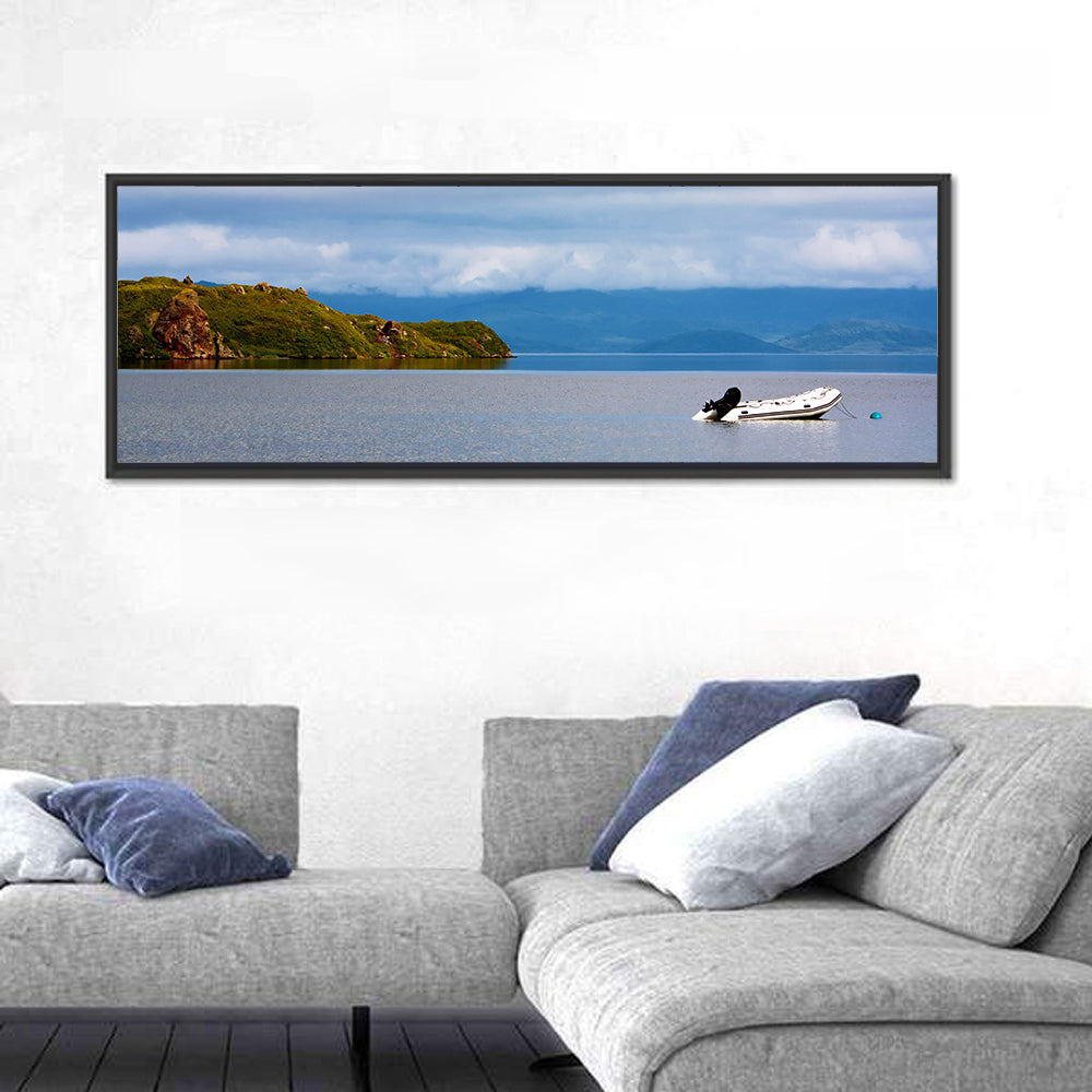 Kronotskое Lake with Boat Wall Art in a room, panoramic
