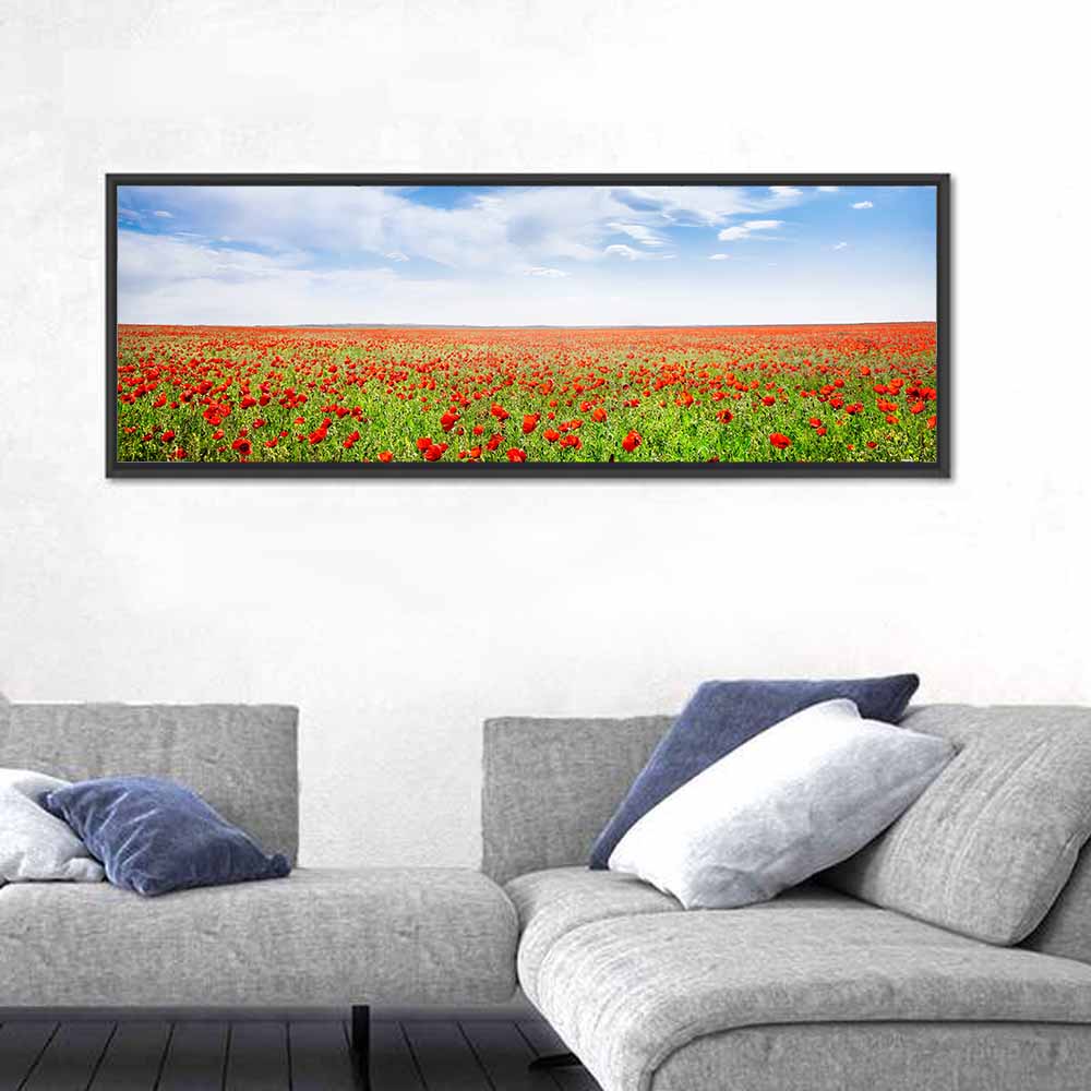 Red Poppy Field Wall Art in a room, panoramic