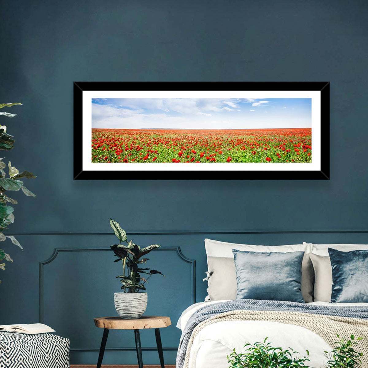 Red Poppy Field Wall Art in a room, panoramic