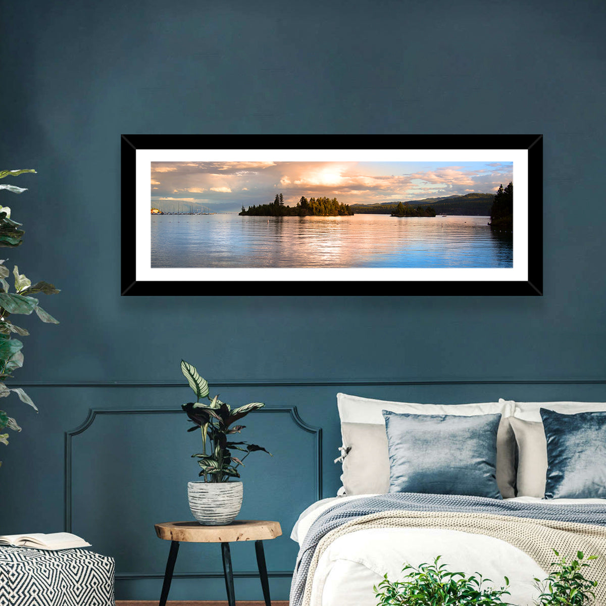 Flathead Lake Golden Hour Wall Art in a room, panoramic