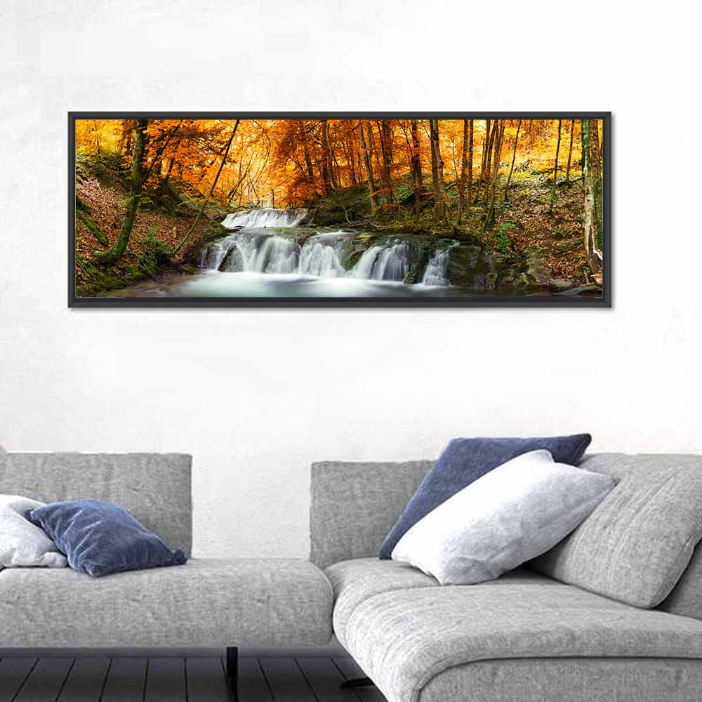 Autumn Forest Waterfall Wall Art in a room, panoramic