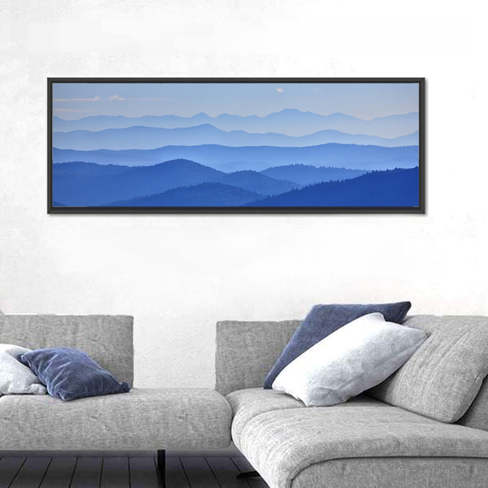 Misty Blue Mountain Valley Wall Art in a room, panoramic