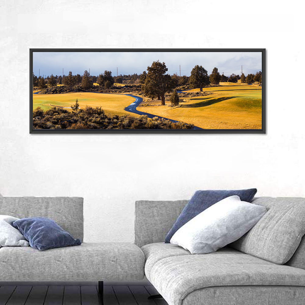 Central Oregon Golf Course with Winding Path Wall Art in a room, panoramic
