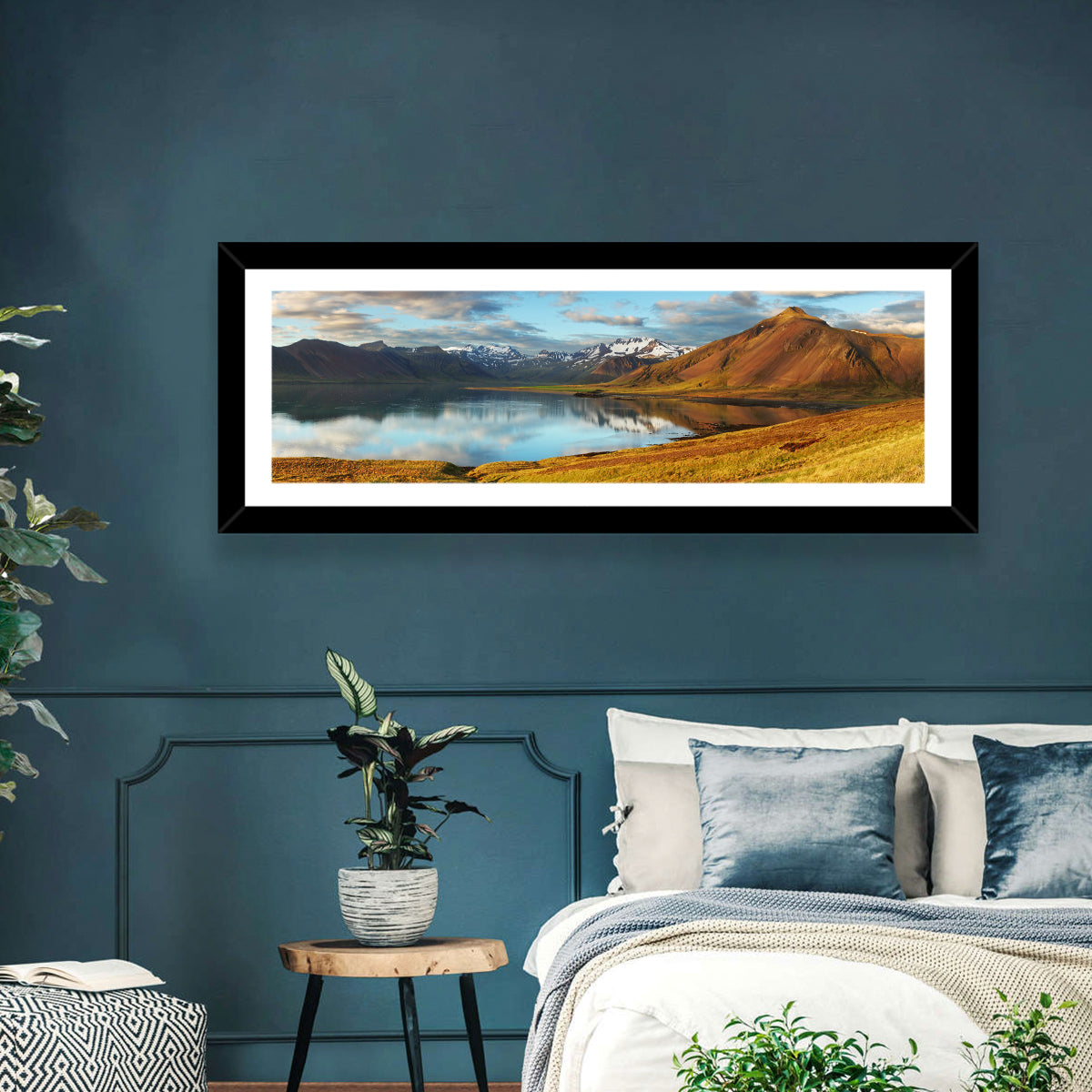 Icelandic Mountain Lake at Golden Hour Wall Art in a room, panoramic