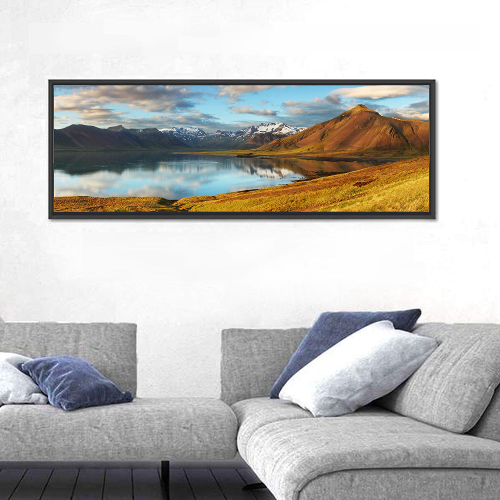 Icelandic Mountain Lake at Golden Hour Wall Art in a room, panoramic
