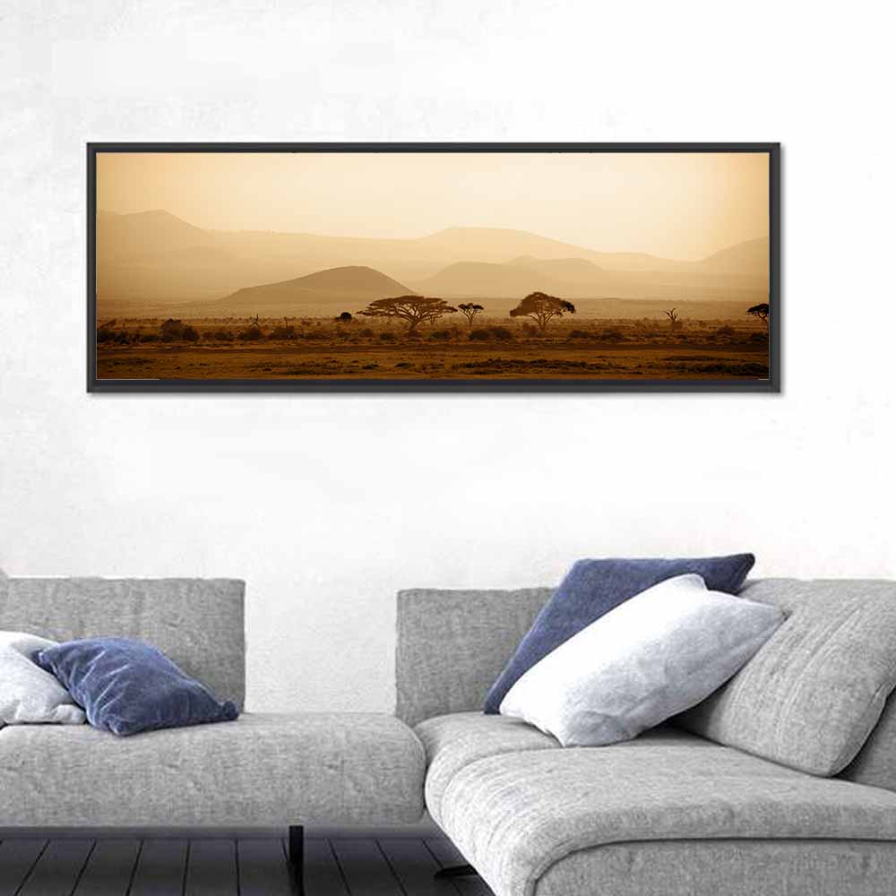 Hazy Savannah at Dawn Wall Art in a room, panoramic