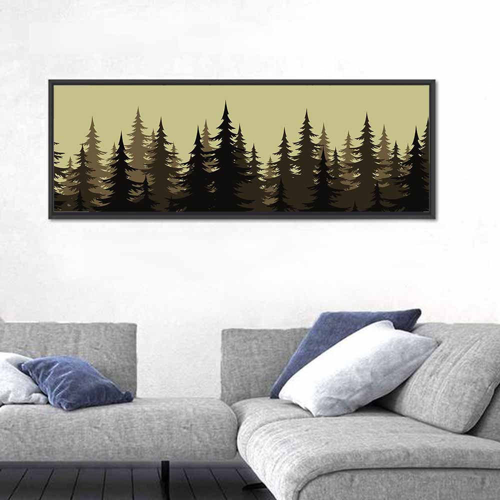 Fir Tree Silhouettes Wall Art in a room, panoramic