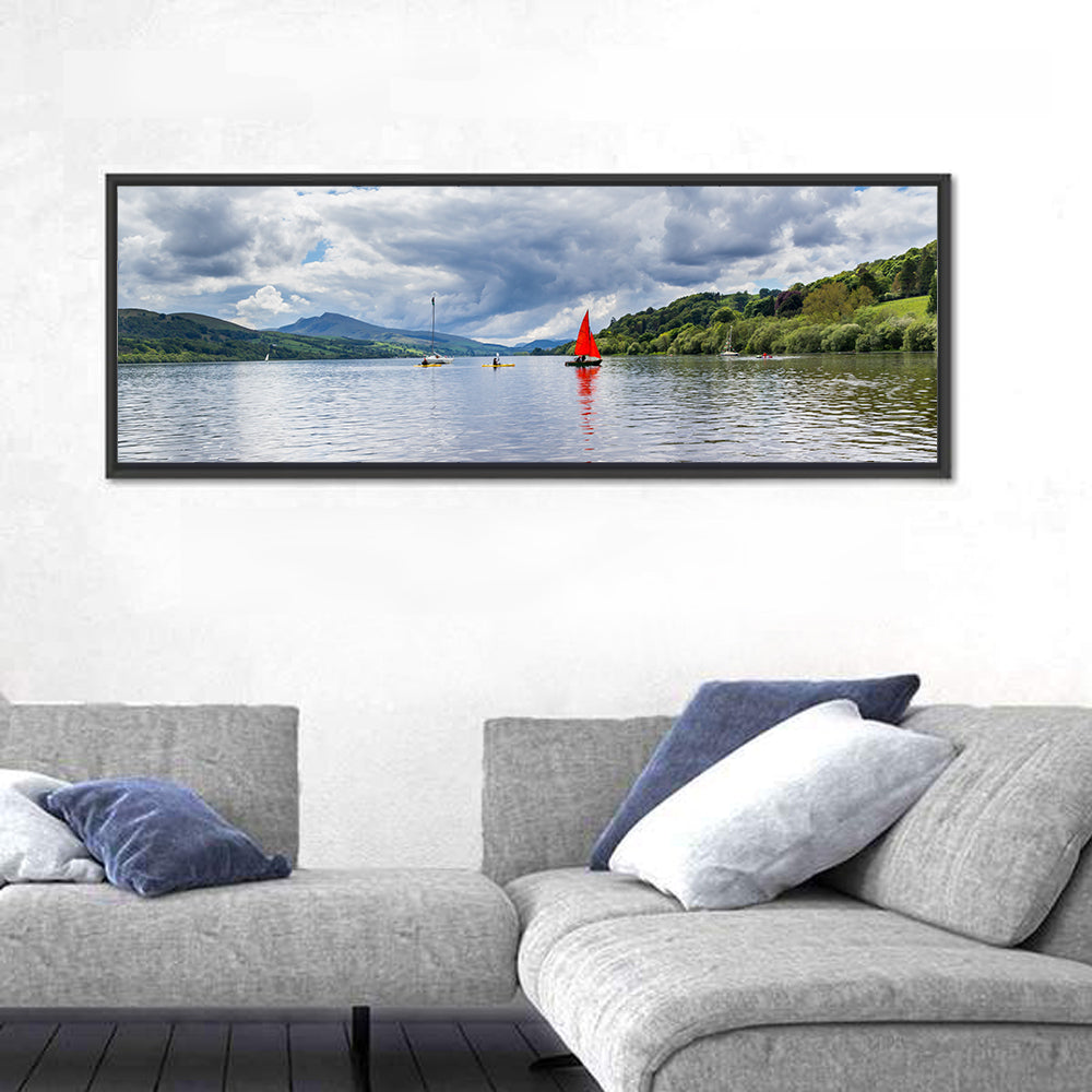 Bala Lake Sailboat Reflection Wall Art in a room, panoramic