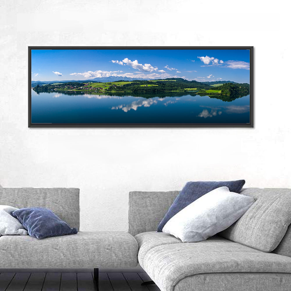 Lake Czorsztynskie Reflections Wall Art in a room, panoramic