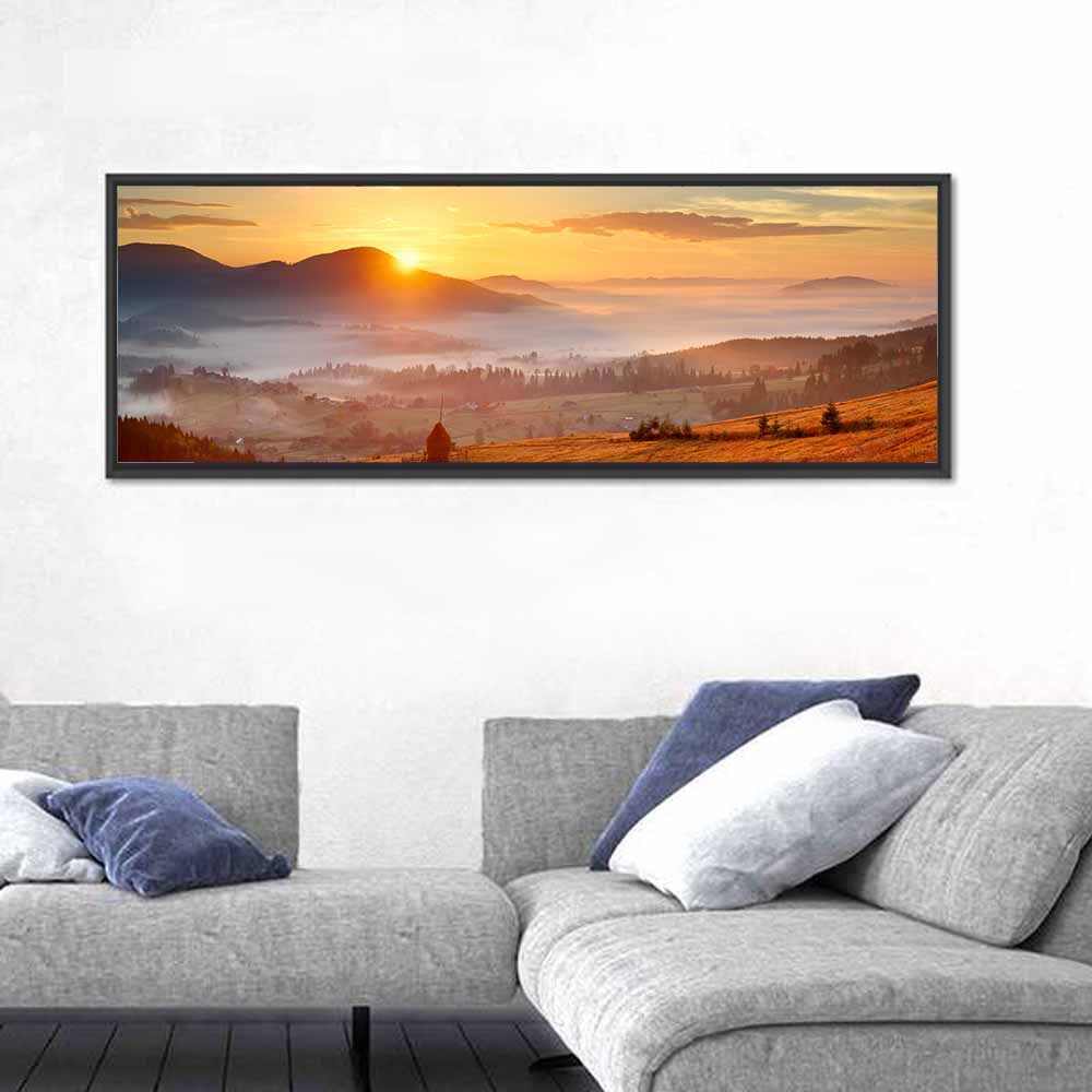 Foggy Mountain Village Wall Art in a room, panoramic