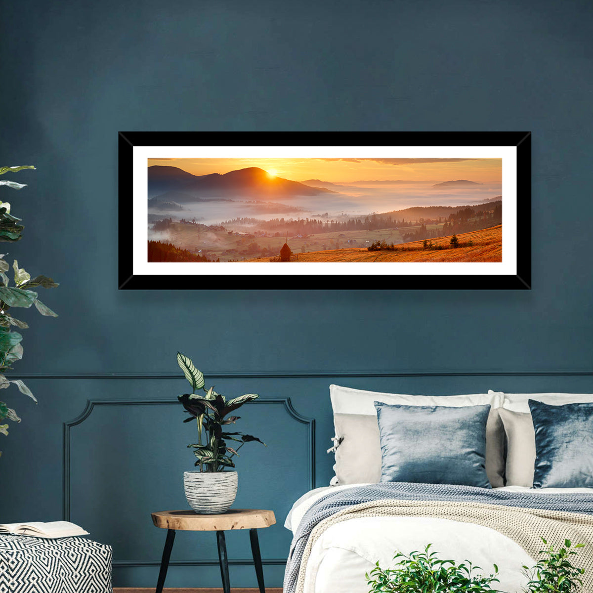 Foggy Mountain Village Wall Art in a room, panoramic