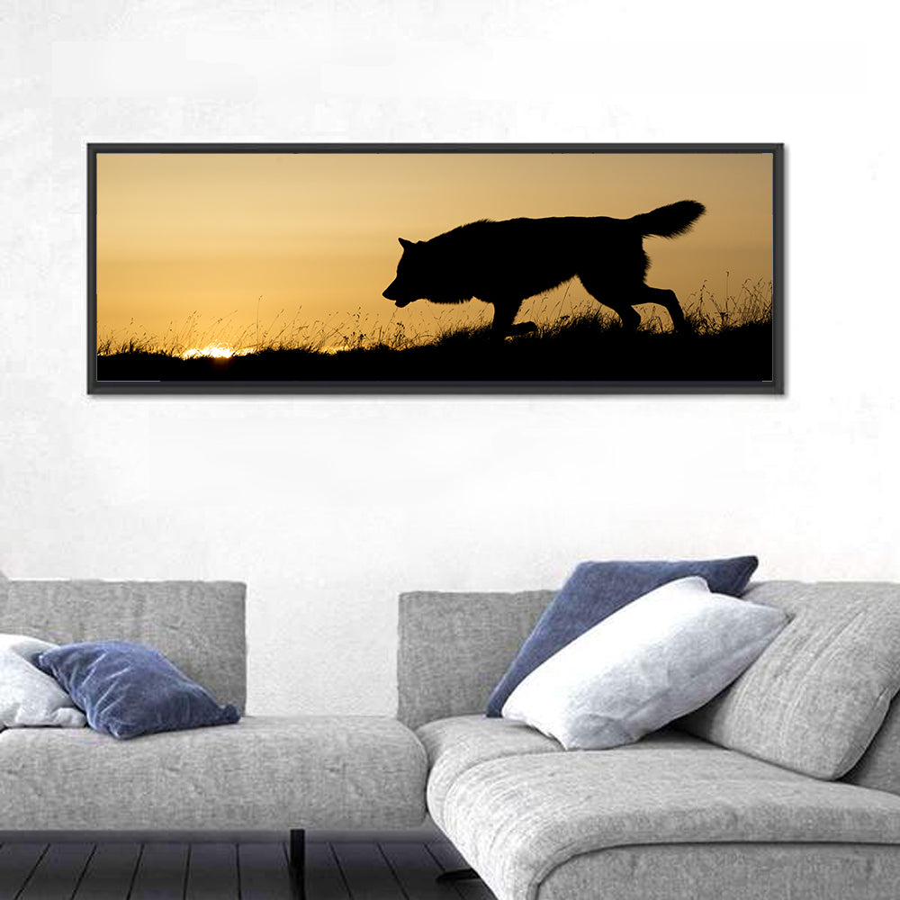 Wolf at Golden Horizon Wall Art in a room, panoramic