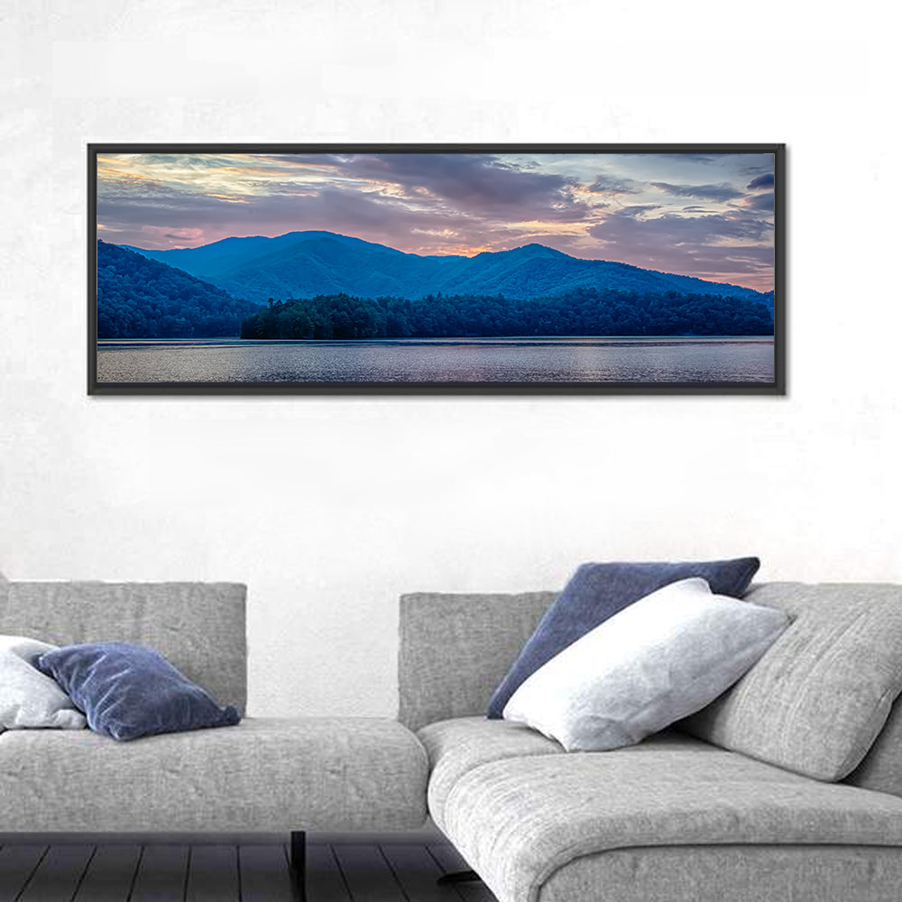 Lake Santeetlah Sunset Glow Wall Art in a room, panoramic