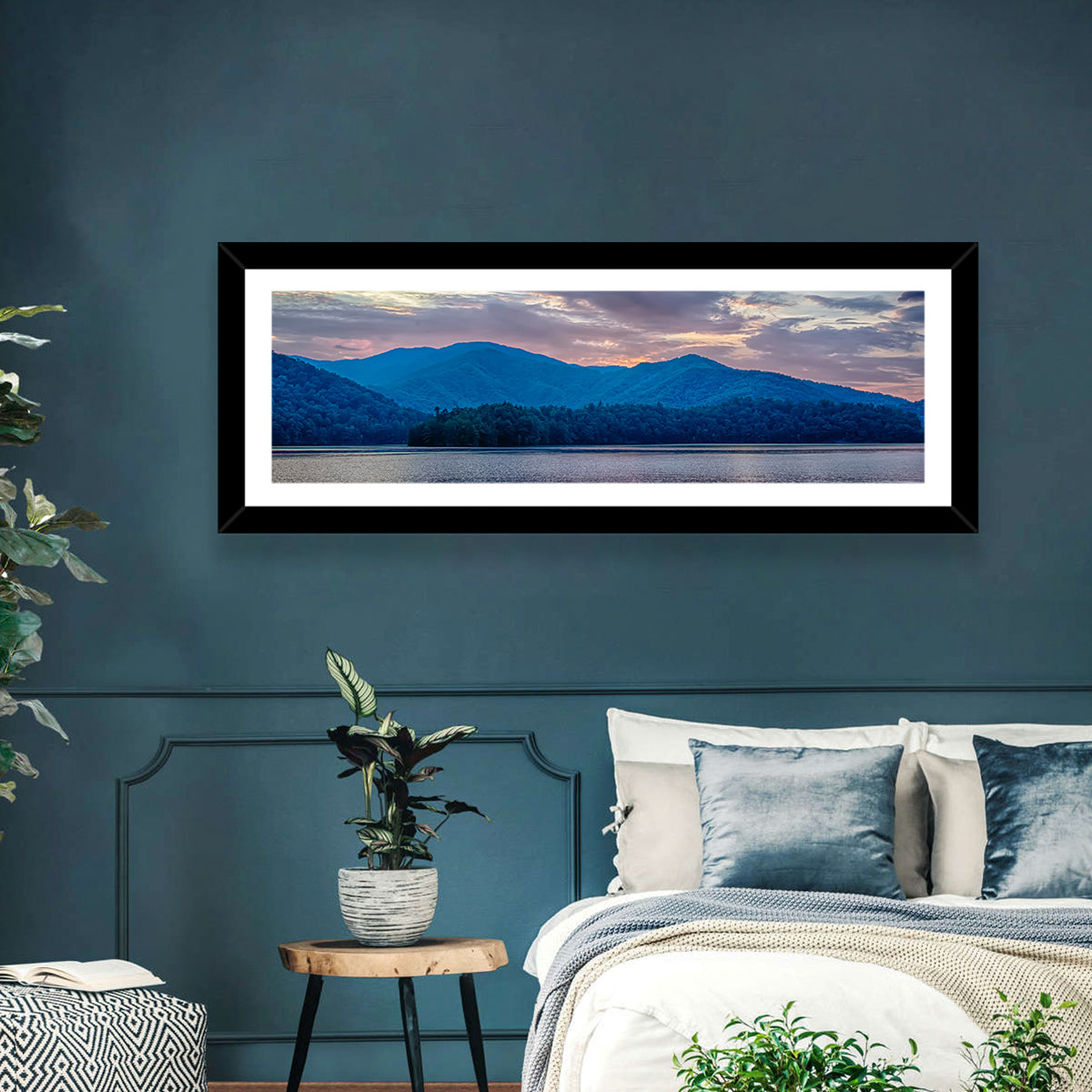 Lake Santeetlah Sunset Glow Wall Art in a room, panoramic