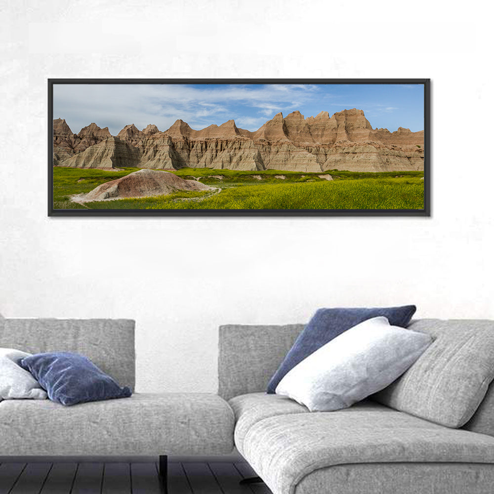 Badlands Meadow and Rock Formations Wall Art in a room, panoramic