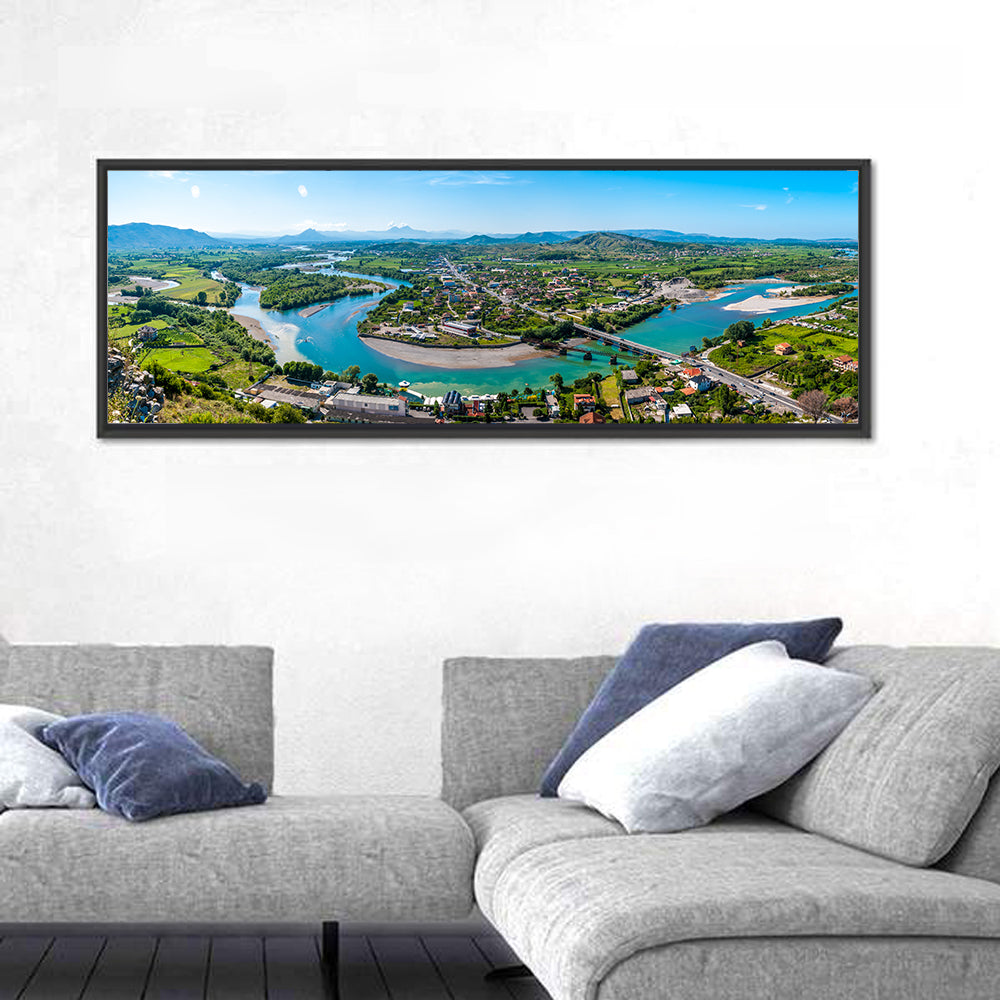 Shkodër River Valley Wall Art in a room, panoramic