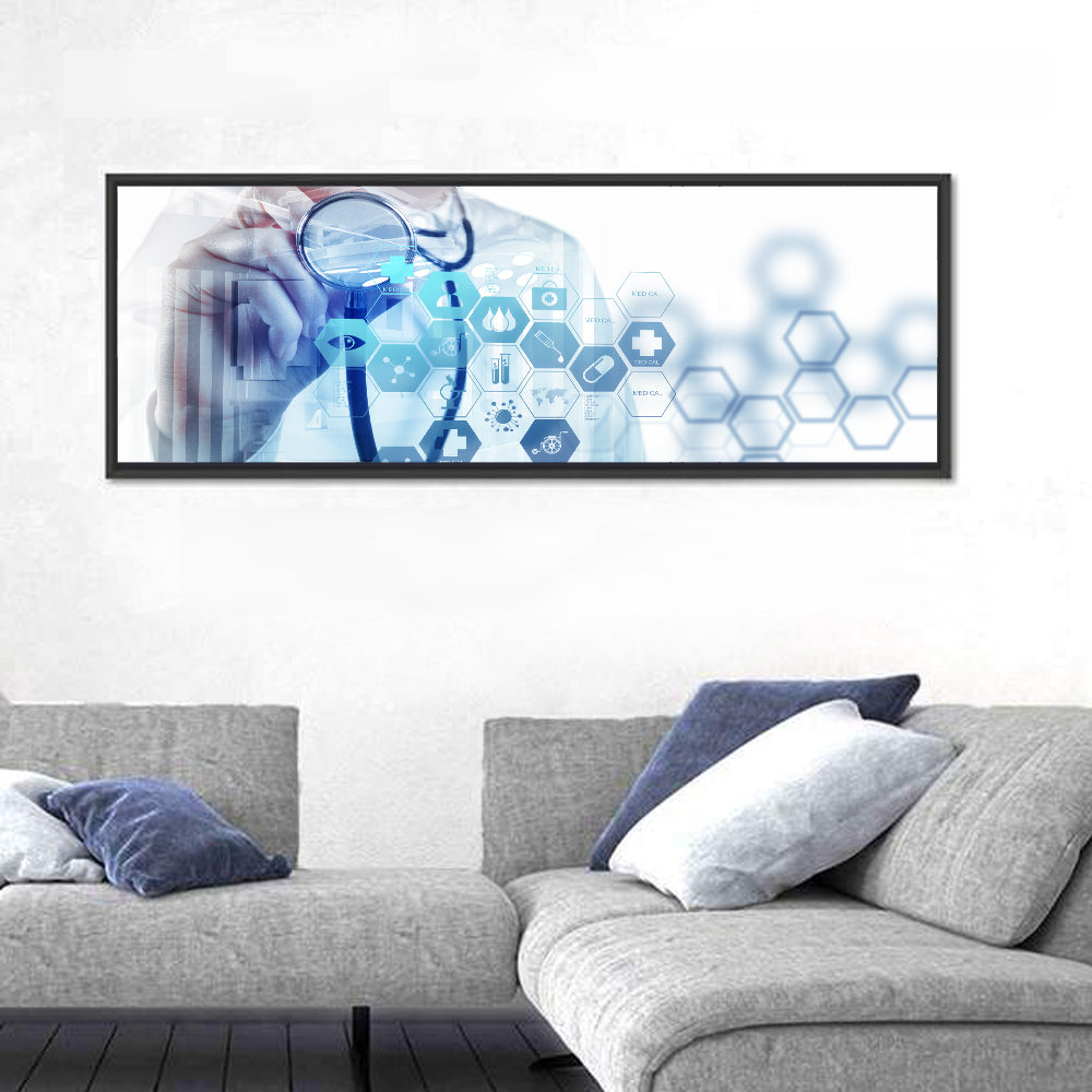 Stethoscope Checkup with Medical Icons Wall Art in a room, panoramic