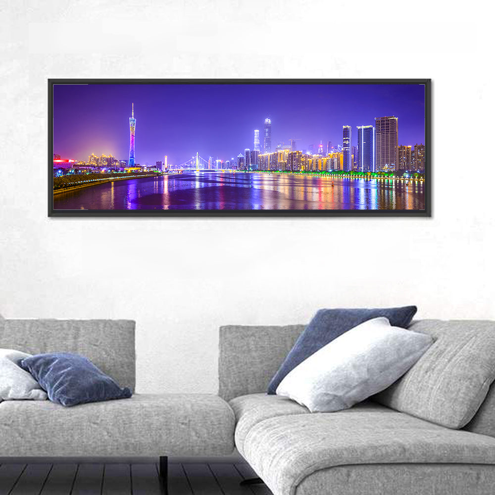Guangzhou Skyline Night Over Pearl River Wall Art in a room, panoramic