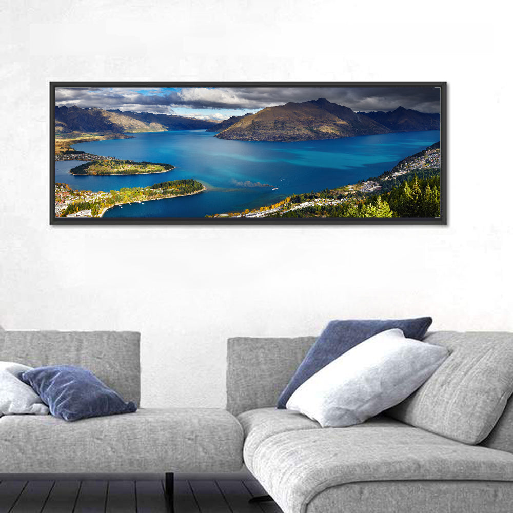 Lake Wakatipu Vista Wall Art in a room, panoramic