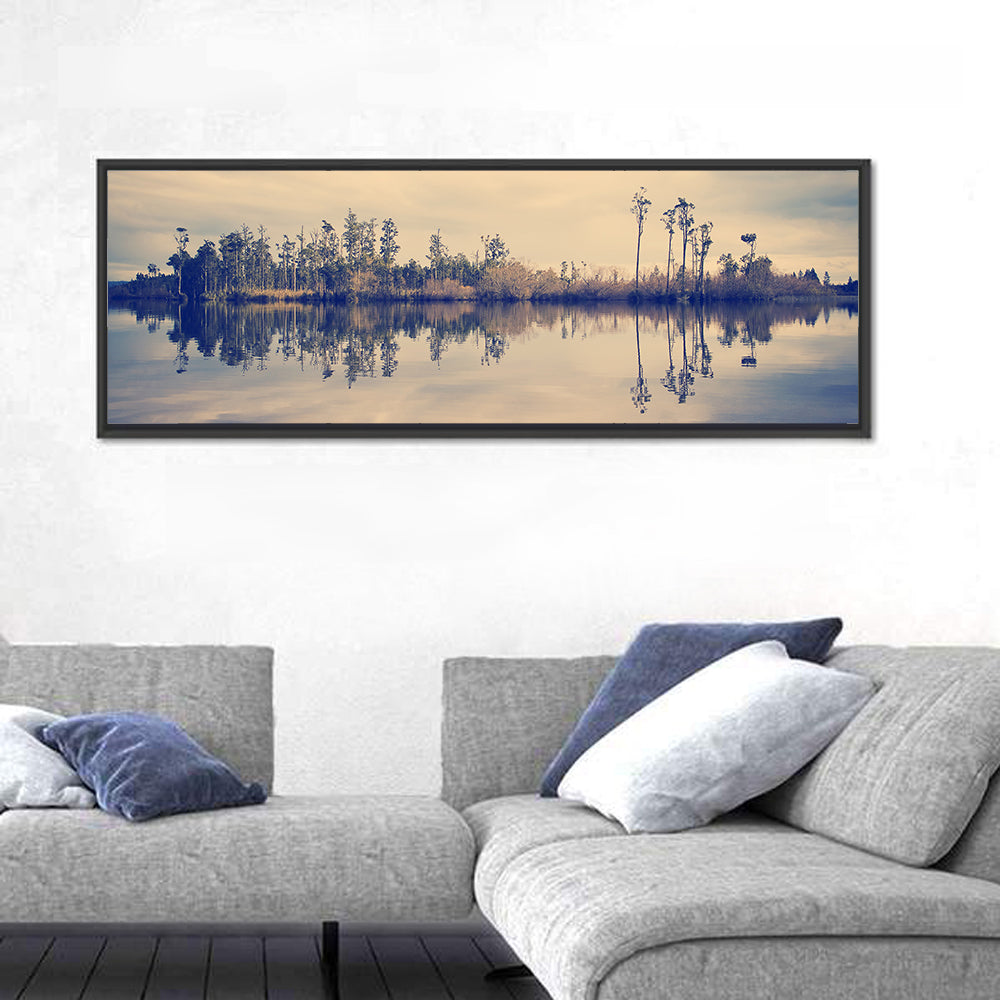 Sunset Over Forest Lake Wall Art in a room, panoramic