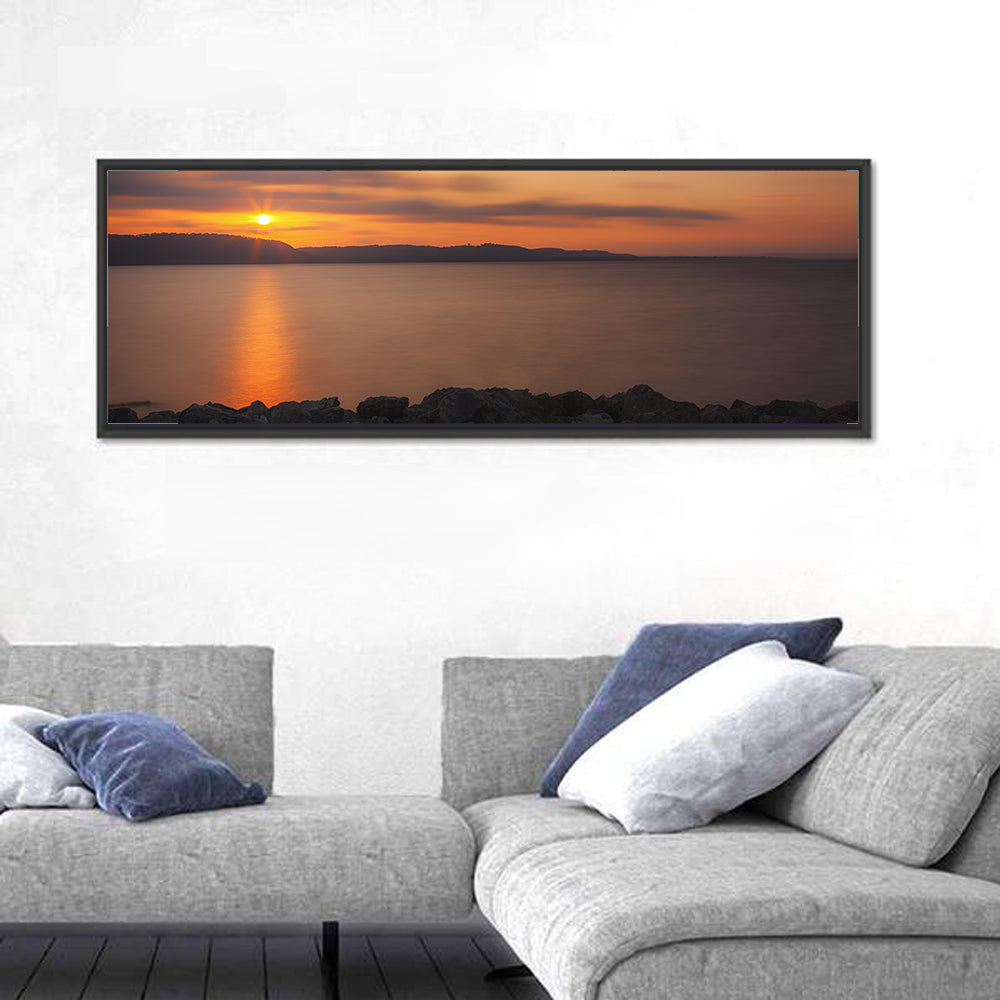 Lake Pepin Golden Sunrise Wall Art in a room, panoramic
