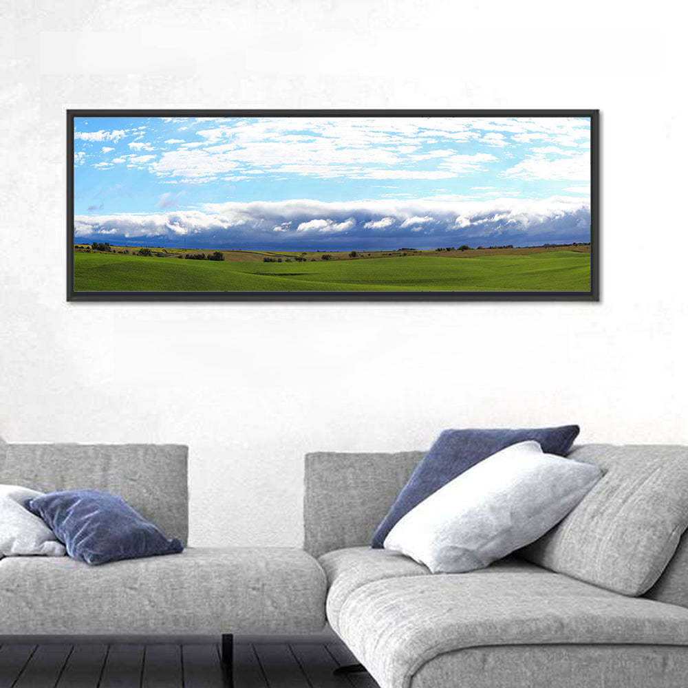 Storm Clouds Over Iowa Fields Wall Art in a room, panoramic