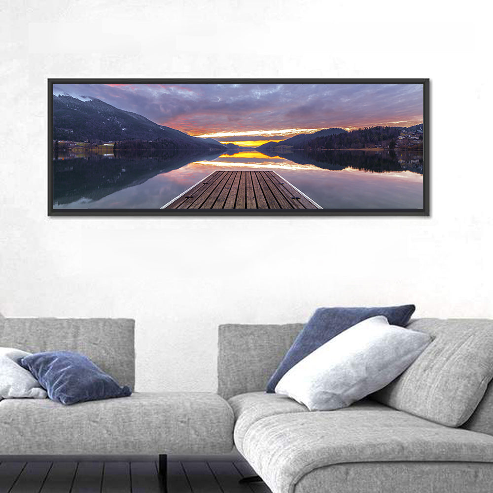 Fuschlsee Pier at Sunset Wall Art in a room, panoramic