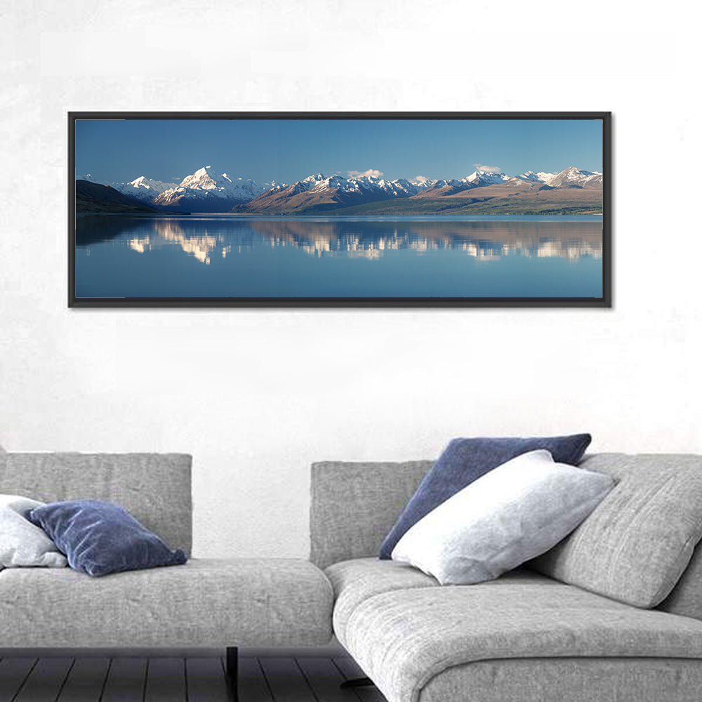 Mount Cook Reflection Over Lake Pukaki Wall Art in a room, panoramic