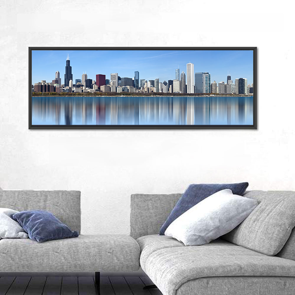 Chicago Skyline Reflection Wall Art in a room, panoramic