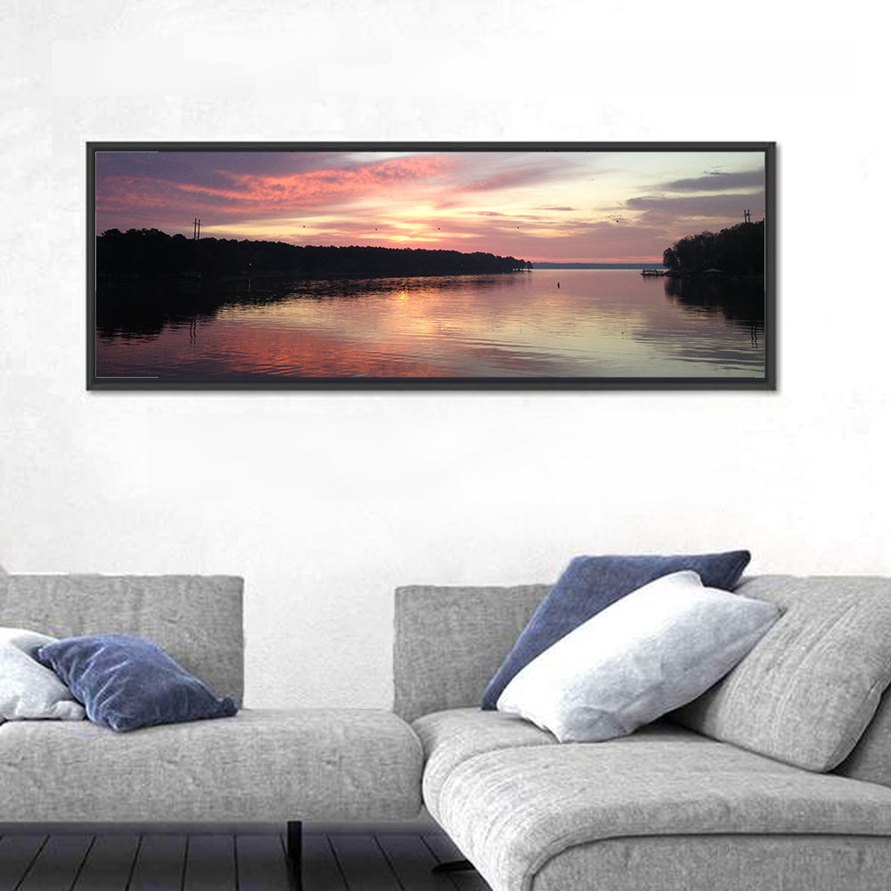 Lake Eufaula Sunset Wall Art in a room, panoramic