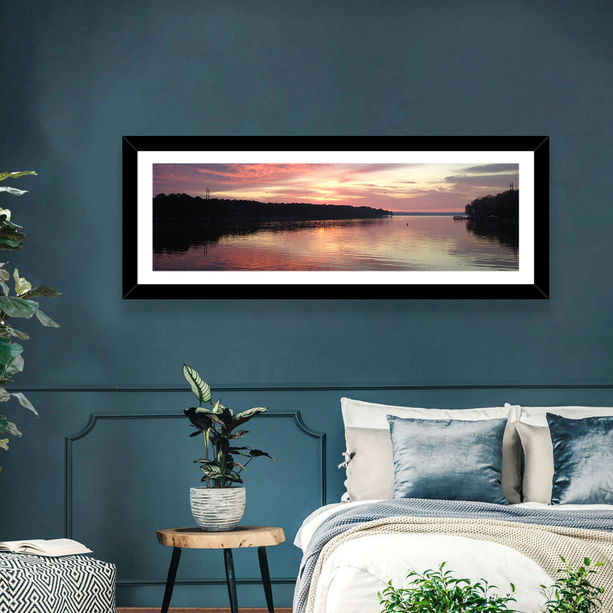 Lake Eufaula Sunset Wall Art in a room, panoramic