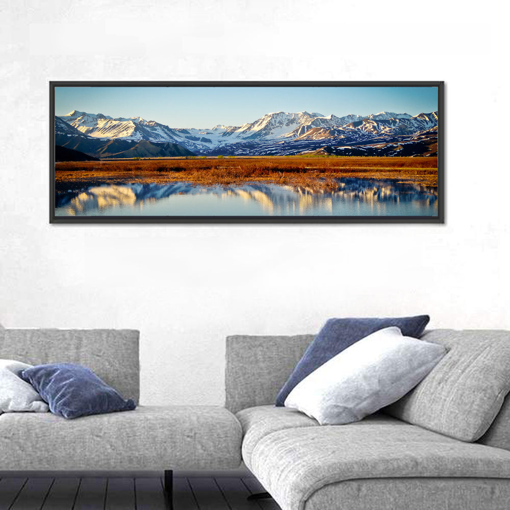 Summit Lake Reflection Wall Art in a room, panoramic