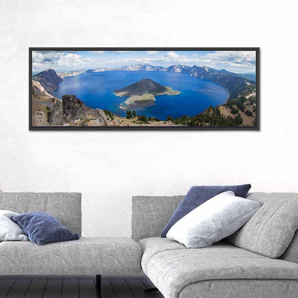 Crater Lake Rim View Wall Art in a room, panoramic