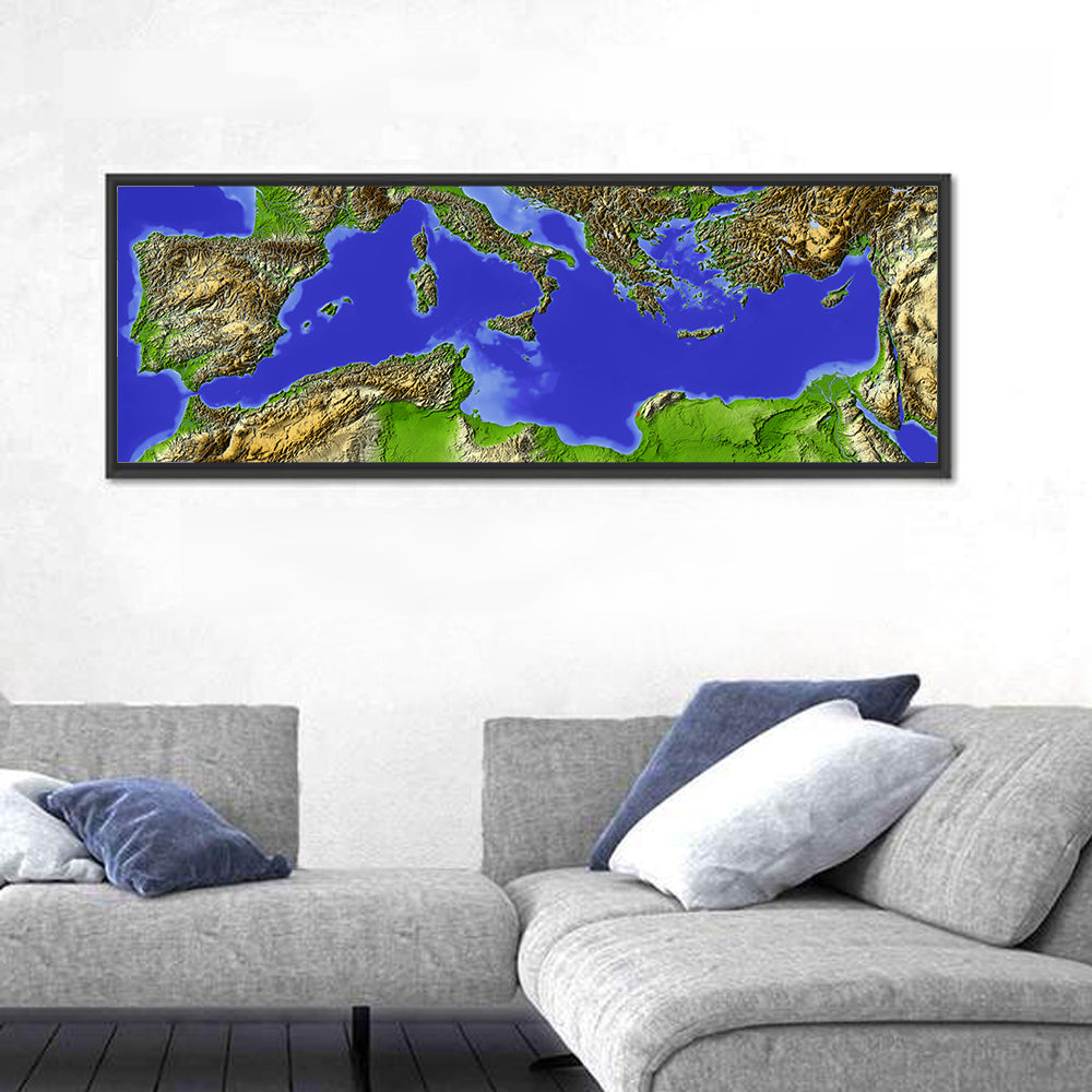 Mediterranean Sea Shaded Relief Map Wall Art in a room, panoramic