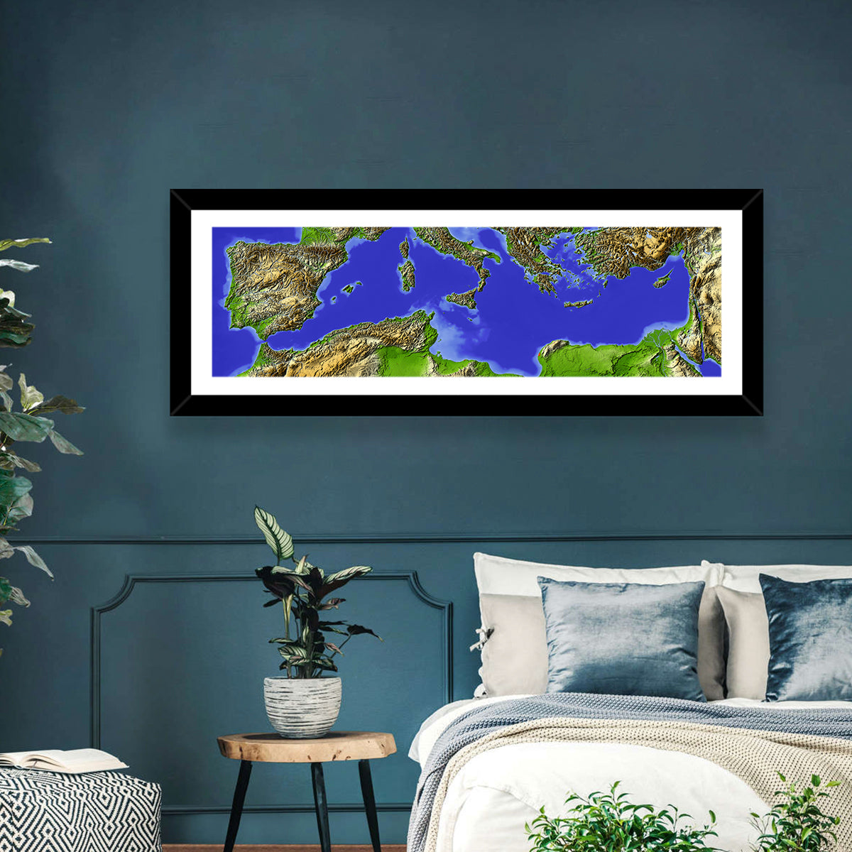 Mediterranean Sea Shaded Relief Map Wall Art in a room, panoramic